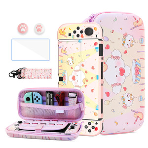 HYPERCASE Pink Cute Little Elf Switch OLED Accessories Bundle, with Portable Switch OLED Carrying Travel Case Pouch, Hardshell Cover Skin, Screen Pro