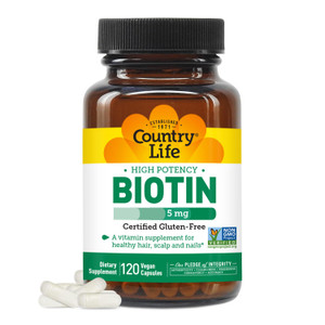 Country Life Biotin High Potency, 5mg, 120 Count, Certified Gluten Free, Certified Vegan, Verified Non GMO