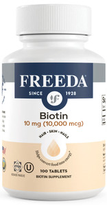 FREEDA Biotin 10,000 mcg  Kosher Hair, Skin & Nails Supplement  High-Potency B7 for Hair Growth & Strong Nails  Vegan Tablets with D-Biotin  100