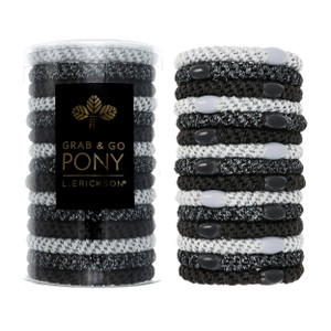 L. Erickson Black and Silver Hair Ties for Thick Hair, Grab & Go Pony Tube, 15 Pack, Black Metallic Pack, Thick No-Crease Bands with Strong Hold, Dam