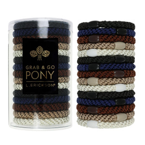 L. Erickson Brown and Black Hair Ties for Thick Hair, Grab & Go Pony Tube, 15 Pack, Neutral Pack, Thick No-Crease Bands with Strong Hold, Damage-Free