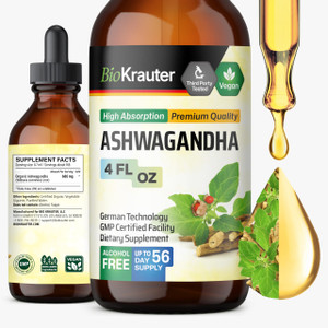 BIO KRAUTER® Ashwagandha Supplements - Liquid Drops Pure Vegan Ashwagandha for Women & Men 685 mg per Serving 4 Fl.Oz 56-Day Supply - Used for Mood M