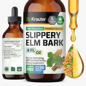 BIO KRAUTER Slippery Elm Bark Tincture - Pure Slippery Elm for Women & Men - 4 Fl.Oz. 56 Days of Supply - Throat & Voice Support - Vegan Liquid Drops