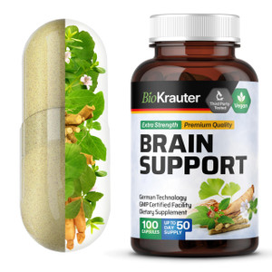 BIO KRAUTER Brain Support Supplement - 100 Count - 1300 mg Blend of Ashwagandha, Panax Ginseng and Ginkgo Biloba - Vegan, No Fillers