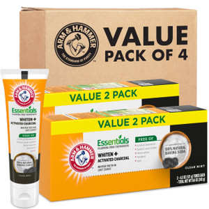 ARM & HAMMER Essentials Fluoride-Free Toothpaste, Whitening + Activated Charcoal Toothpaste, 4 Pack of 4.3oz Tubes, Clean Mint, 100% Natural Baking S