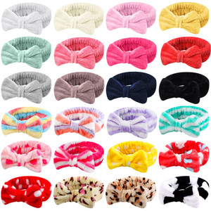 WILLBOND 24 Pieces Spa Headband Bow Hairband Facial Makeup Women Face Wash Adjustable Skincare Headbands Bulk Soft Flannel Towel Head Wraps for Women
