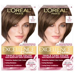 L'Oreal Paris Excellence Crème Permanent Hair Dye, Triple Care Hair Color with Pro-Keratine Complex for 100% Gray Hair Coverage, 5 Medium Brown, 1 Ki