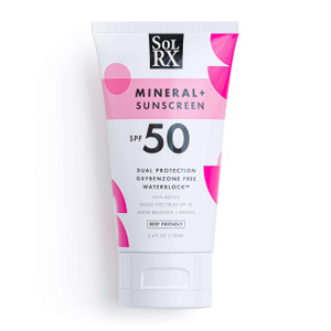 SolRX MINERAL+ SPF 50 Mineral Sunscreen with Zinc Oxide  Reef Safe, Broad Spectrum UVA/UVB Protection, Water Resistant Sunblock for Face & Body