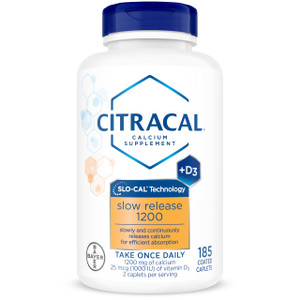 Citracal Slow Release- Calcium 1200 mg with Vitamin D3, Magnesium, Calcium Supplement, Bone Health Support, Take Once Daily Caplet, 185 Count