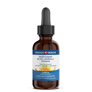 Passion 4 Health Organic Liquid Vitamin D3 K2 (Mk-7) + Omega 3 Supplement - Liquid Vitamin D Drops (5000IU) - Support for Healthy Bones and Muscles