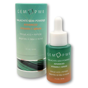 GEM PWR Advanced Vitamin C Serum with Malachite Gemstone Extract, Hyaluronic Acid, Ferulic Acid, Niacinamide & Peptides - Hydrating, Skin Brightening