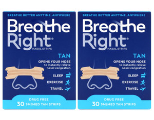 Breathe Right Nasal Strips Tan, Drug-Free Relief for Nasal Congestion, Small/Medium 30 Strips (Pack of 2)