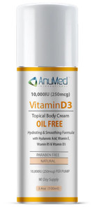 AnuMed Vitamin D3 10,000 IU Oil-Free Cream with Magnesium + Hyaluronic Acid, Vitamin E. Moisturizing Cream for Dry Skin. Non-Greasy, Non-GMO, 100% Ve