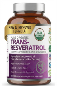 Purity Labs Trans-Resveratrol Supplement 5,000 mg Equivalent per Serving with Quercetin, USDA Organic High Potency Antioxidant, Vegan Capsules, 90 Co