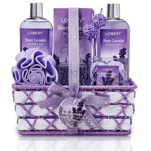 Bath and Body Gift Basket For Women and Men, Honey Lavender Home Spa Set with Essential Oil Diffuser, Soap Flowers, Bath Salts, Bubble Bath & More -