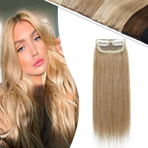 Hairro Human Hair Clip in Mini Hair Extensions for Women 12 Inch #24 Natural Blonde Short Straight Clip on Remy Hair Wiglet Topper Seamless Filler Ha
