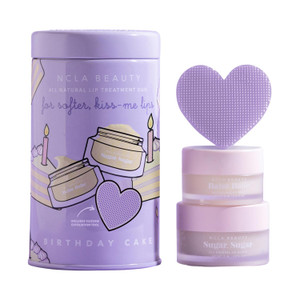 NCLA All Natural Lip Treatment Set - Shea Butter Lip Balm - Vitamin C, E, and Agave Sugar Scrub with Silicone Scrubber - Birthday Cake - 3 pc