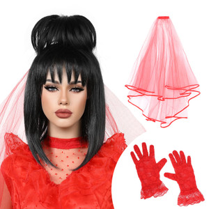 REECHO Black Bride Wig for Lydia Cosplay, 16 Synthetic Hair Replacement Wig with Veil and Gloves Set Natural Soft Hair Wig for Women Halloween Cospl