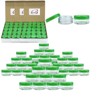 (Quantity: 200 Pieces) Beauticom 5G/5ML Round Clear Jars with GREEN Lids for Scrubs, Oils, Toner, Salves, Creams, Lotions, Makeup Samples, Lip Balms