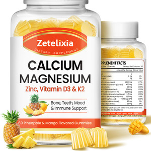 Zetelixia Calcium Gummies for Women Men, Calcium Magnesium Zinc with Vitamin D3 & K2, Calcium Magnesium Supplement for B0nes Muscles, Pineapple & Man