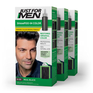 Just For Men Shampoo In Color, Hair Color for Men with Keratin and Vitamin E for Stronger Hair, Restores Natural Hair Color, Real Black, H-55, Pack o