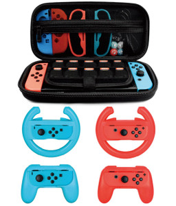 Accessories Kit for Nintendo Switch Games Starter, 2x Steering Wheel, 2x Grip Kit, 1x Travel Carry Case(5 in 1 Red/Blue)