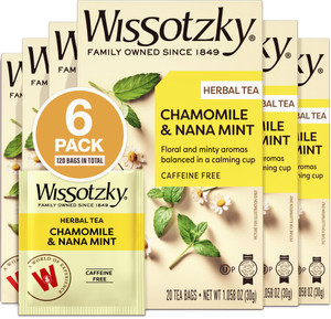Wissotzky Chamomile Tea with Nana Mint (6 Pack = 120 Tea Bags) Caffeine Free, Rich Tasting & Invigorating, All Natural Flavors