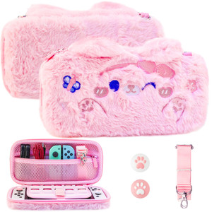 GLDRAM Pink Plush Carrying Case Compatible with Nintendo Switch & OLED, Cute Cartoon Cat Accessories Bundle with Portable Travel Storage Bag, Card Sl
