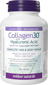 Webber Naturals Collagen30 with Hyaluronic Acid, Bioactive Collagen Peptides, 180 Tablets, Helps Reduce Eye Wrinkles and Fine Facial Line, Non GMO