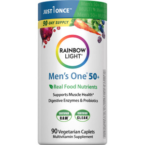 Rainbow Light Mens Multivitamin One + for 50 Plus | 90 Caplets | Supports Muscle Health | with Vitamins C, D, and Zinc | Real Food Nutrients, Digesti