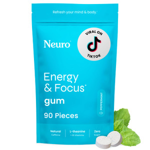 Neuro Energy & Focus Gum - 40mg Natural Caffeine Gum & Nootropic Energy Supplement with L-Theanine & B Vitamins - Sugar Free, Vegan - Peppermint, 90c