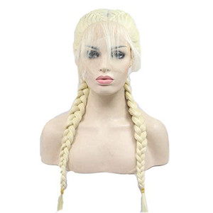 sylvia Long Blonde Double Braids Synthetic Lace Front Wig with Baby Hair 613# Blonde 2 Braids Long Natural Braided Synthetic Wig Heat Resistant Fiber