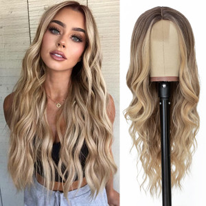 NAYOO Long Ombre Blonde Wavy Wig for Women 26 Inch Middle Part Curly Wavy Wig Natural Looking Synthetic Heat Resistant Fiber for Daily Party Use (Omb