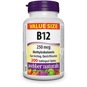 Webber Naturals Vitamin B12 250 mcg Methylcobalamin, 200 Sublingual Tablets