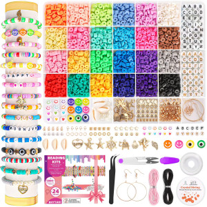 BHYTAKI 5800 PCS Clay Beads Bracelet Making Kit, 24 Colors Flat Preppy for Friendship Jewelry Making, Polymer Heishi with Charms DIY Arts and Crafts