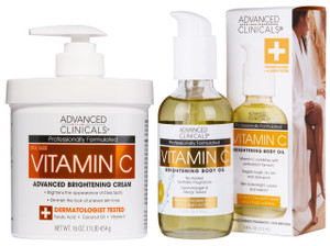 Advanced Clinicals Brightening Vitamin C Cream Moisturizer + Vitamin C Body Oil 2pc Skincare Set | Nourishing, Brightening, & Hydrating Body Oil & Bo