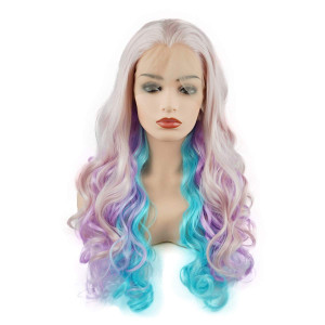 Meiyite Hair Wavy Long 26inch Pink and Light Purple and Light Blue Mix Heavy Density Realistic Synthetic Lace Front Wigs