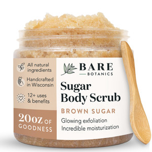 Bare Botanics Brown Sugar Body Scrub 20 oz - Naturally Scented Coconut Vanilla Sugar Scrub Made in Madison, WI - Formulated w/Skin Loving Moisturizer