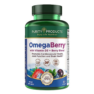 Purity Products OmegaBerry Fish Oil with Vitamin D3 and Organic Acai - 1250mg Concentrated Molecularly Distilled Ultra Pure Omega-3 Fish Oil, 500mg D