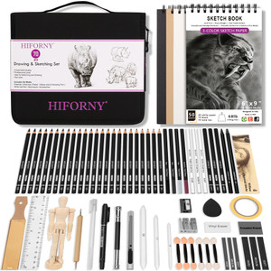 HIFORNY 70 PCS Drawing Set Sketching Kit,Sketch Pencils Art Supplies with Graphite,Charcoal,Blending Tools & Accessories,Portable Zippered Travel Cas