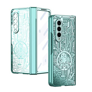 Giilgxy Case for Samsung Galaxy Z Fold 4 5G, Mechanical Gear Pattern Hinge Protection Clear Plating PC Cover with Screen Protector, Full Protection (