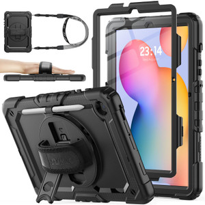 SEYMAC stock Case for Samsung Galaxy Tab S6 Lite 10.4 (2024-2020) with Screen Protector Pencil Holder [360° Rotating Hand Strap] &Stand, Drop-Proof