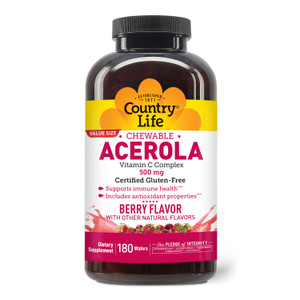 Country Life Acerola Vitamin C Complex, 500mg, Chewable Berry Flavored Wafers, Supports Immune Health, 180 Wafers, Certified Gluten Free by GFCO , Ce