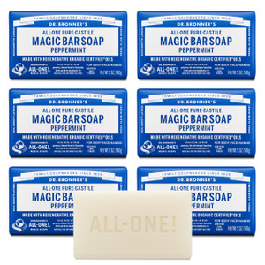 Dr. Bronner's Pure-Castile Magic Soap Bars (Peppermint, 5 oz, 6-Pack) - Made with Regenerative Organic Certified Oils - For Face, Body & Hair - Gentl