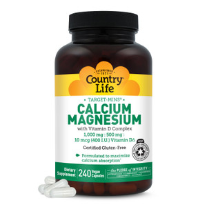 Country Life Target-Mins Calcium Magnesium with Vitamin D-Complex, 1000mg/500mg/10mcg, 240 Vegan Capsules, Certified Gluten Free, Certified Vegan