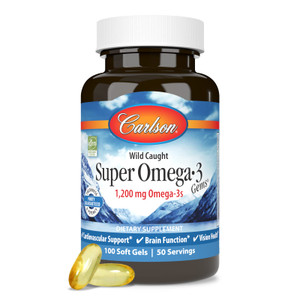 Carlson Super Omega-3 Gems, Norwegian, 1,200 mg Omega-3s, 100 Soft Gels