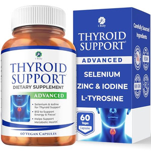 1 Body Thyroid Support Supplement for Women and Men, Selenium with Iodine, Zinc, B12, Ashwagandha and L-Tyrosine, Supports Hormone Health, Energy and