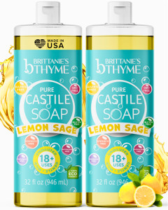 Brittanies Pure Castile Liquid Soap Refill, Lemon Sage, 32 Ounce Pack of 2 | Dish Soap, Hair & Body, Home, Gentle and Pure, Made with Natural Luxuri