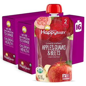 Happy Baby Organics Stage 2 Baby Food Pouches, Gluten Free, Vegan & Healthy Snack, Clearly Crafted Fruit & Veggie Puree, Apples, Guavas & Beets, 4 Ou