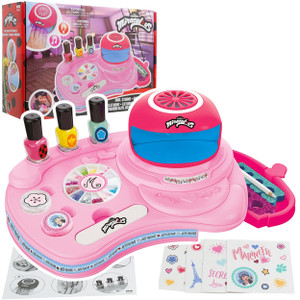 Miraculous Ladybug - Marinette's Nail Studio, Nail Polish Kit for Kids Ages 8-12, Manicure Salon - Nail Dryer, Storage Desk, Sequin Box, Glitter Box,